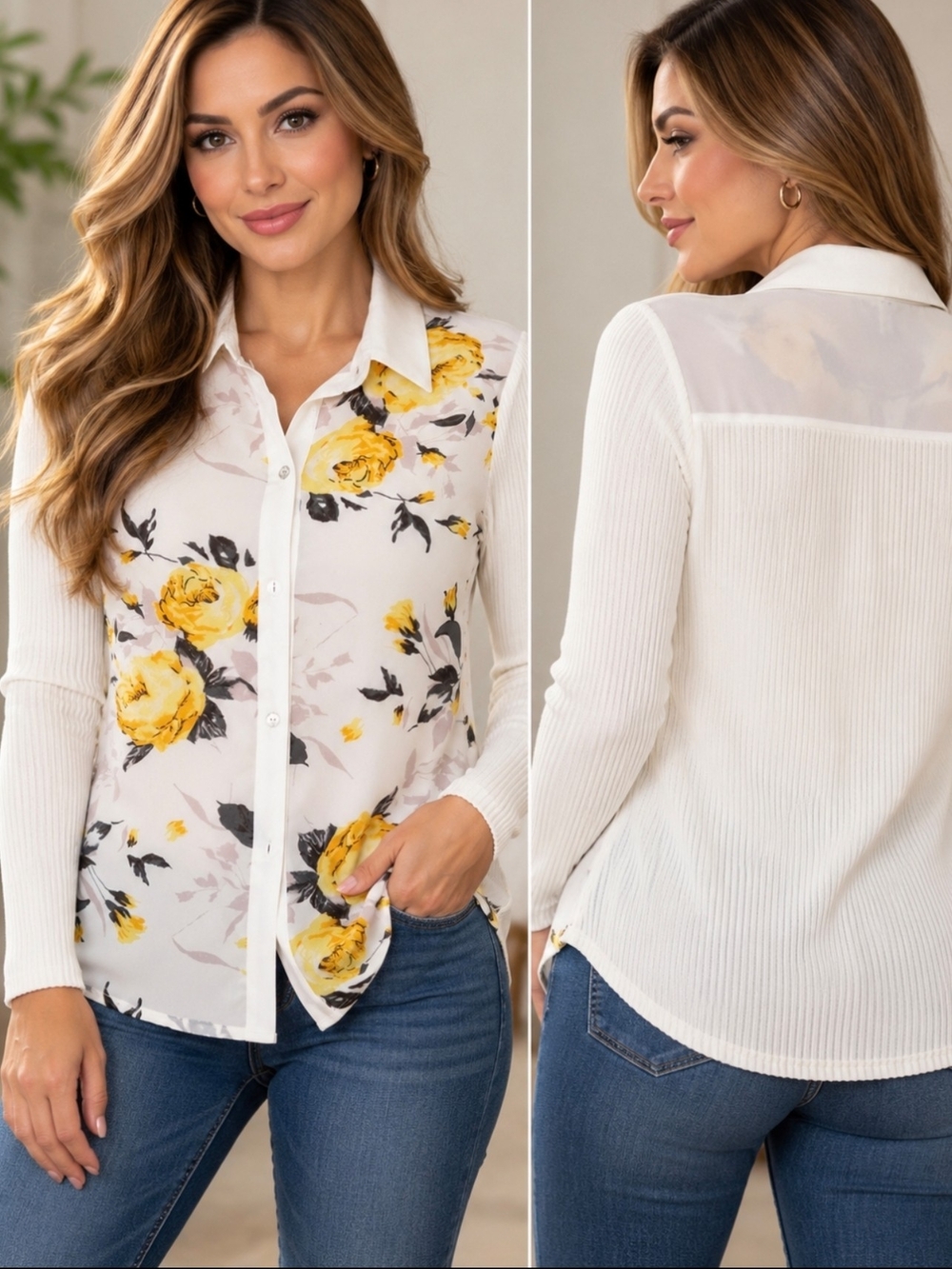 RIO Women’s Size S Floral Yellow Rose Button Front Ribbed Sleeve Blouse